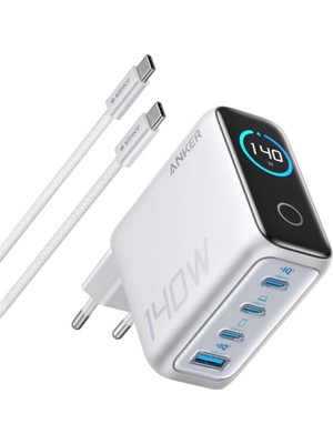 Anker Laptop Şarj Cihazı (140W, 4 Port, PD 3.1) ve 240W USB-C – USB-C Kablosu (1.5 m) - Açık Gri - B2697 (Anker Türkiye Garantili)