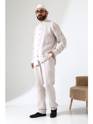 Erkek Müslin Hakim Yaka Gömlek Pantolon Ikili Takım Hac ve Umre Kıyafeti - Bej  (Cnr)