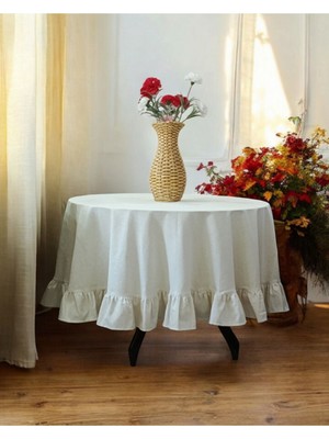 Fırfırlı Yuvarlak Masa Örtüsü, Bej, Şık ve Zarif Tasarım