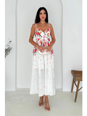 Çiçek Desenli Elbise Ithal Krep Kumaş Beyaz