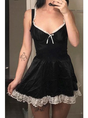 Siyah Dantelli Kurdeleli Kare Yaka Lolita Mini Elbise