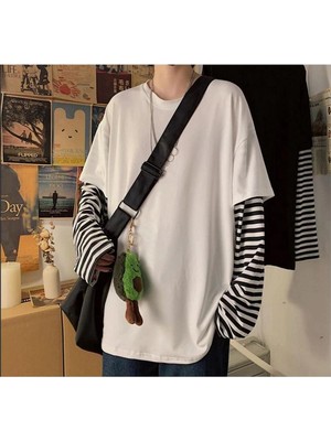 Oversize Düz Beyaz Çizgili Uzun Kollu T-Shirt