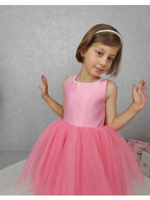 Kız Çocuk Ada Model Abiye Pembe Yaka Incili Elbise
