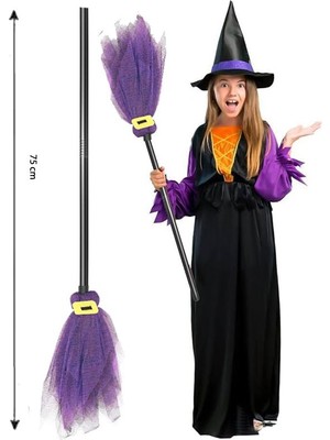 Halloween Yetişkin Çocuk Uyumlu 75 cm Tüllü Cadı Süpürgesi Mor Renk 1 Adet