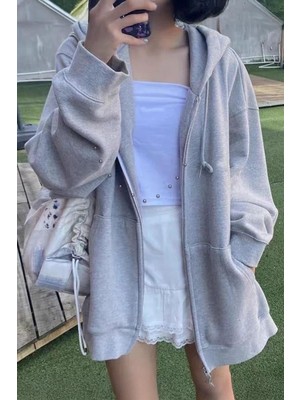 Düz Gri Melanj Fermuarlı Kalın Kumaş Kapüşonlu Unisex Hırka