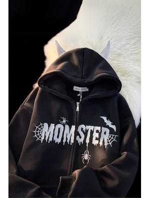 Siyah Momster Spider Kapüşonlu Unisex Hırka