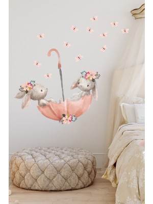 Sevimli Tavşanlar ve Şemsiye Duvar Sticker Seti, 50CM, Renkli ve Eğlenceli Dekorasyon