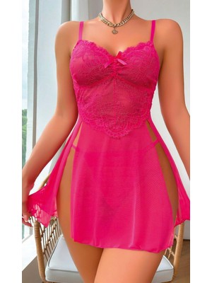 Marsilyan- Fuşya Dantel Işlemeli Transparan Fantezi Tül Gecelik