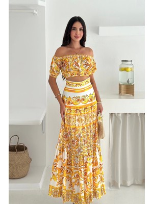 Desenli Crop Etek Takım Sarı