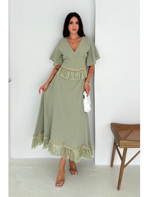 Püsküllü Bluz Etek Takım Haki