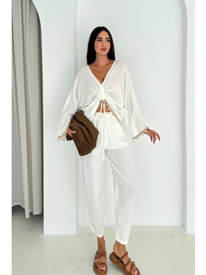 Tünel Dikişli Truvakar Kol Bluz Beli Lastikli Planlı Müslin Pantolon