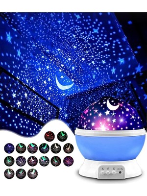 Tavana Işık Yansıtmalı Gece Lambası Dönen Yıldız Ay Projeksiyon Çocuk Odası Lambası 8 Renkli Usb/pil