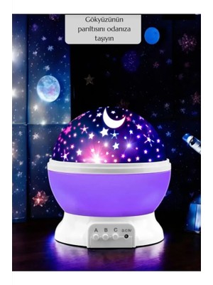 Tavana Işık Yansıtmalı Gece Lambası Dönen Yıldız Ay Projeksiyon Çocuk Odası Lambası 8 Renkli Usb/pil