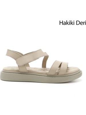 Kadın Bej Cırt Bantlı Dolgu Taban Hakiki Deri Comfort Sandalet