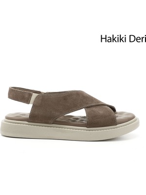 Kadın Vizon Çapraz Bantlı Dolgu Taban Hakiki Deri Comfort Sandalet