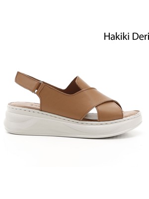 Kadın Taba Cırt Bantlı Dolgu Topuk Hakiki Deri Comfort Sandalet