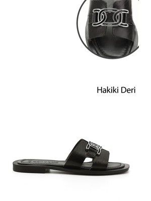 Gönderi® Kadın Siyah Tokalı Hakiki Deri Terlik