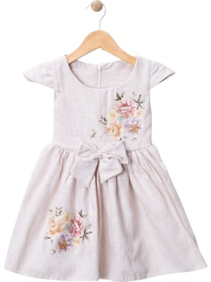 Baskılı Keten Elbise Bej