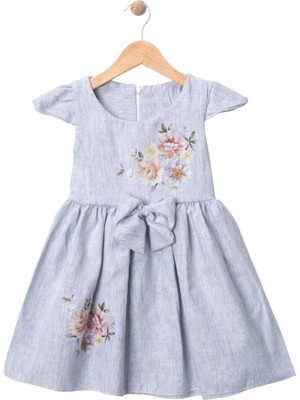 Baskılı Keten Elbise Mavi