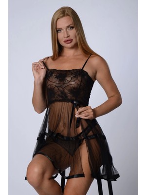 Modlive Siyah Şifon Pileli GECELIK-835