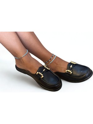 Siyah Hakiki Deri Gold Aksesuarlı Kadın Sabo Terlik