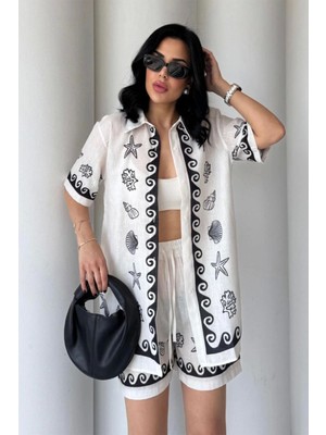 Desenli Keten Şortlu Takım