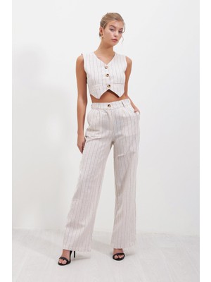 Cal Çizgili Yelek Keten Takım