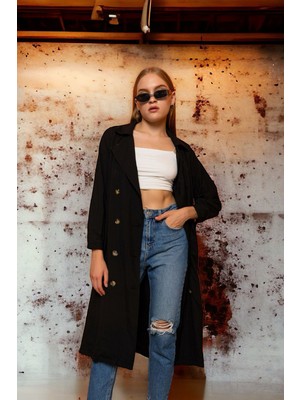 HBCV Kadın Siyah Esnek ve Buruşmaz Salsa Kumaş Gömlek Yaka Manşetli Şık Trençkot – Rahat ve Zarif Tasarım