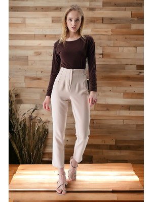 Hakke Yüksek Bel Kadın Pantolon Desenli Dar Paça Vizon Renk Günlük Stil ve Konfor