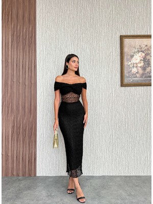 Göğüs Düğümlü Astarlı Dantel Elbise