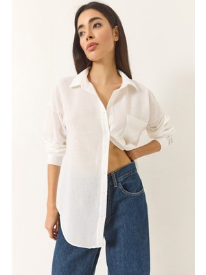 Shade Kadın Oversize Tek Cep Detaylı Keten Gömlek