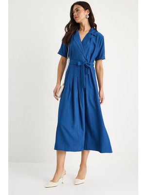 Kadın Kruvaze Yaka Kuşaklı Kısa Kollu Yazlık Elbise