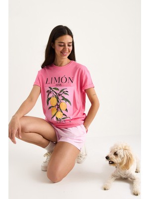 Kadın Limon Baskılı Bisiklet Yaka % Pamuklu T-Shirt