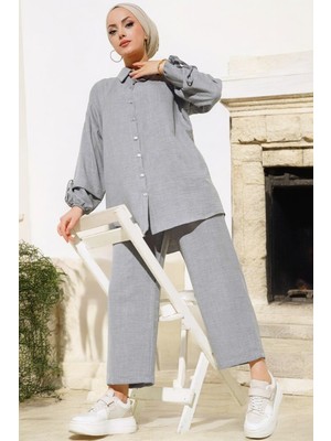 Düğme Detaylı Ikili Keten Takım