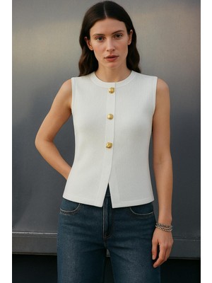 Bisiklet Yaka Düğme Detaylı Dokuma Bluz