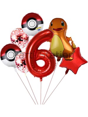 Pokemon Charizard Konsept 6 Yaş Balon Set Pokemon Çarizart Yıldız Balon Doğum Günü Folyo Balon Set