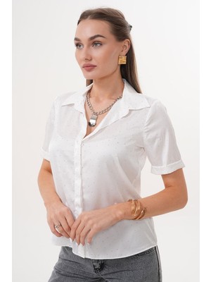 Kısa Duble Kol Taşlı Saten Beyaz Gömlek ESY9930