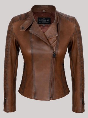 Hakiki Deri Kahverengi Omuzdan Düz Çizgi Desenli Yandan Cepli Kadın Deri Mont