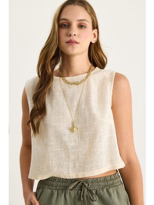 Kadın Kolsuz Keten Bluz  -