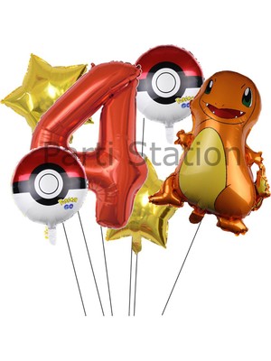 Parti Station Pokemon Charizard Konsept 4 Yaş Balon Set Pokemon Çarizart Doğum Günü Yıldız Folyo Balon Set