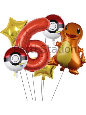 Parti Station Pokemon Charizard Konsept 6 Yaş Balon Set Pokemon Çarizart Doğum Günü Yıldız Folyo Balon Set