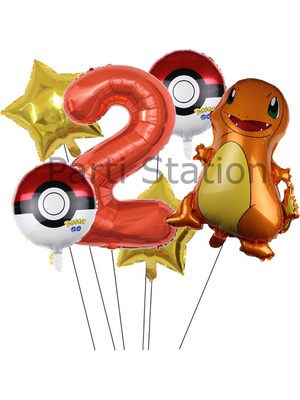 Parti Station Pokemon Charizard Konsept 2 Yaş Balon Set Pokemon Çarizart Doğum Günü Yıldız Folyo Balon Set