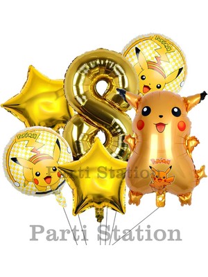 Parti Station Pokemon Pikaçu Konsept 8 Yaş Doğum Günü Balon Set Pokemon Pikachu Folyo Balon Set