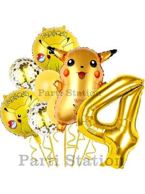 Parti Station Pokemon Pikachu Konsept 4 Yaş Doğum Günü Balon Set Pokemon Pikaçu Folyo Balon Set