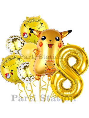 Parti Station Pokemon Pikachu Konsept 8 Yaş Doğum Günü Balon Set Pokemon Pikaçu Folyo Balon Set
