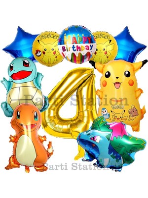 Parti Station Pokemon Konsept 4 Yaş Doğum Günü Balon Set Pokemon Pikaçu Balbazar Çarmender Sikörtıl Balon