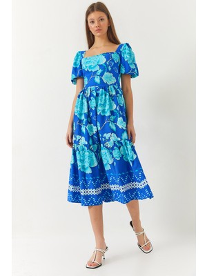 Shade Kadın Karpuz Kol Kare Yaka Desenli Terikoton Elbise