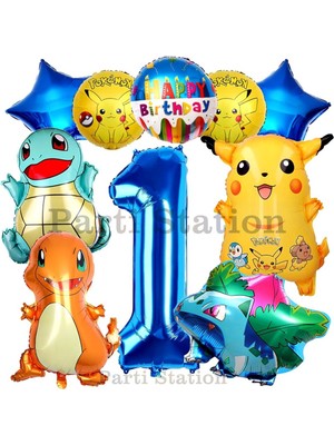 Parti Station Pokemon Konsept 1 Yaş Doğum Günü Balon Set Pokemon Pikachu Bulbasaur Charmander Squirtle Balon
