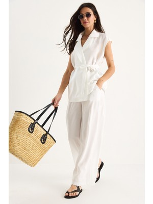 Kadın Kuşaklı Yelek Cep Detaylı Palazzo Pantolonlu Modal Takım