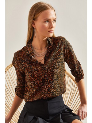Shade Kadın Kol Katlamalı Desenli Viskon Gömlek